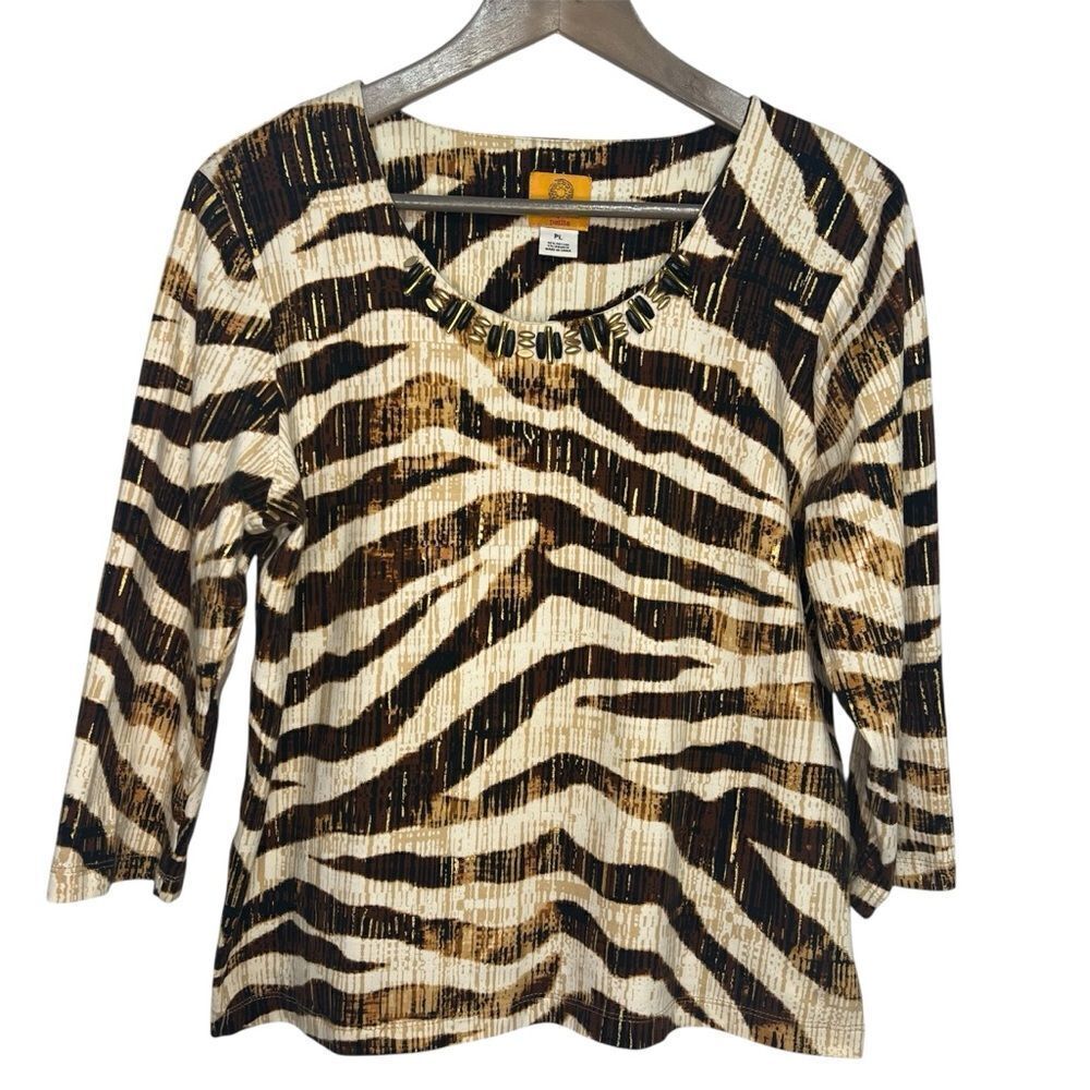 Ruby Rd. Animal Print Embellished Top size PL 3/4 Sleeve Pullover Tee T-Shirt